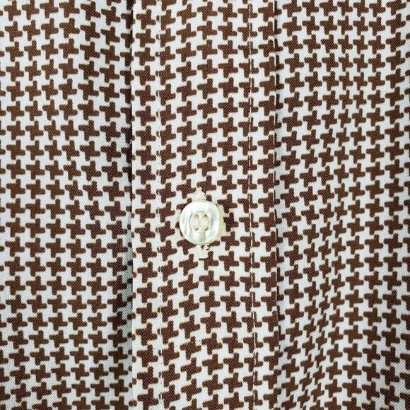 Manhattan Silkhana Mens Long Sleeved Shirt Houndstooth Brown White Sz 15.5-32 - Picture 2 of 5